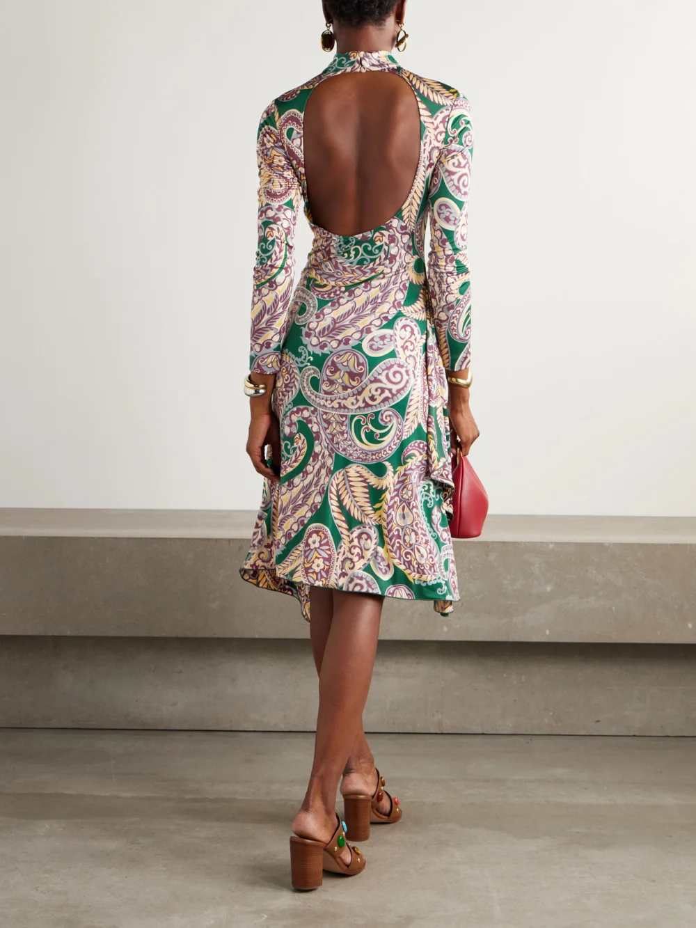 Back view of the Etro Asymmetric Open-back Paisley-print Stretch-jersey Dress