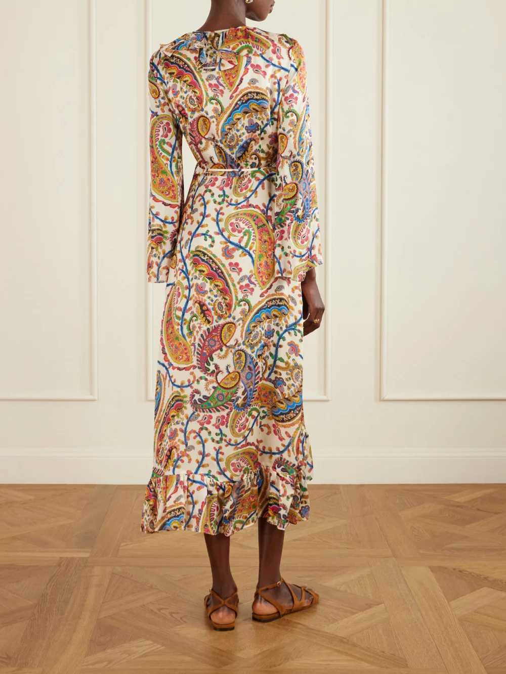 Back view of the Etro Asymmetric Ruffled Paisley-print Silk Wrap Dress