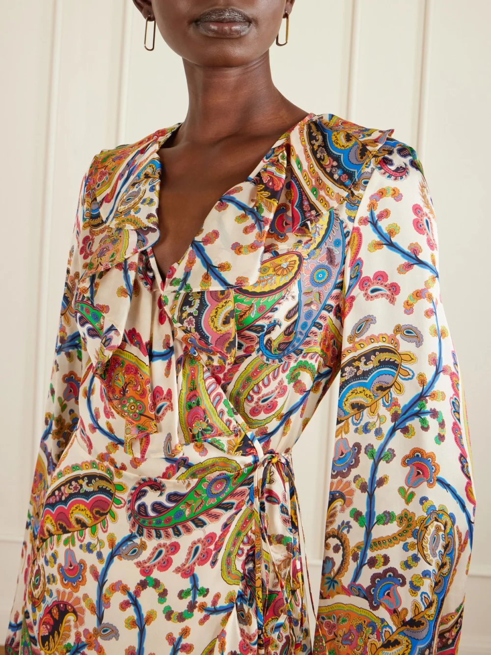 Close-up detail of the Etro Asymmetric Ruffled Paisley-print Silk Wrap Dress