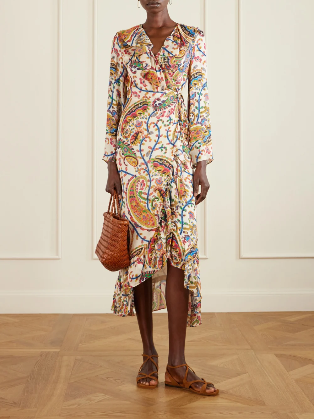 Etro Asymmetric Ruffled Paisley-print Silk Wrap Dress, worn by a model
