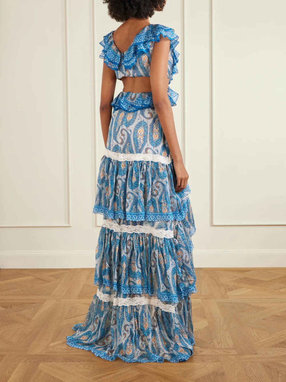 Back view of the Etro Asymmetric Ruffled Tiered Lace-trimmed Paisley-print Silk-chiffon Maxi Dress