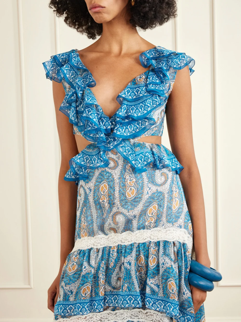 Close-up detail of the Etro Asymmetric Ruffled Tiered Lace-trimmed Paisley-print Silk-chiffon Maxi Dress