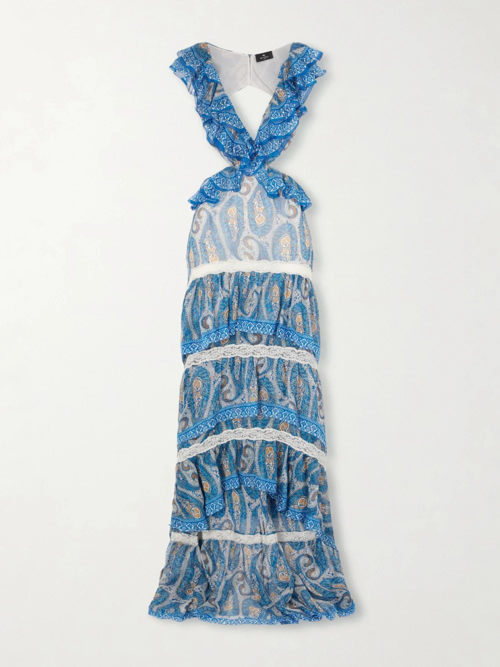 Etro Asymmetric Ruffled Tiered Lace-trimmed Paisley-print Silk-chiffon Maxi Dress in blue
