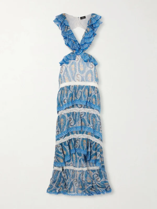 Etro Asymmetric Ruffled Tiered Lace-trimmed Paisley-print Silk-chiffon Maxi Dress