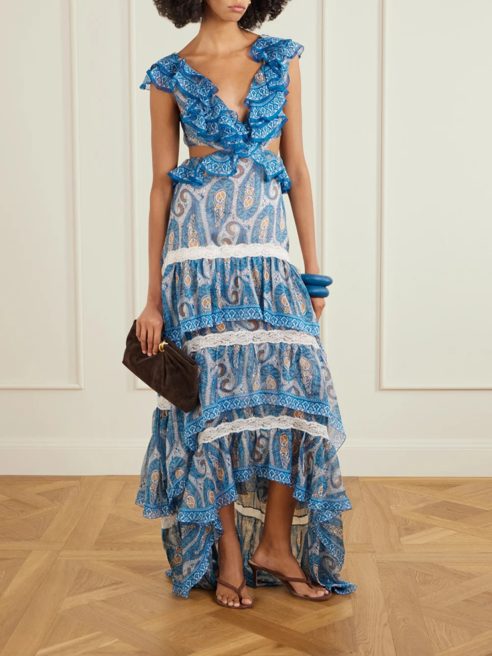 Etro Asymmetric Ruffled Tiered Lace-trimmed Paisley-print Silk-chiffon Maxi Dress, worn by a model