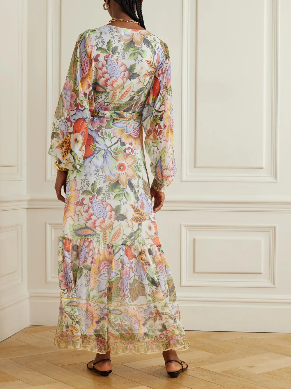 Back view of the Etro Belted Floral-print Silk-crepon Maxi Dress