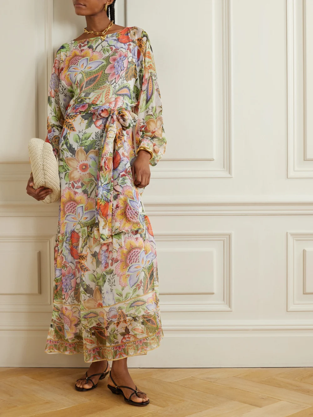 Etro Belted Floral-print Silk-crepon Maxi Dress, worn by a model
