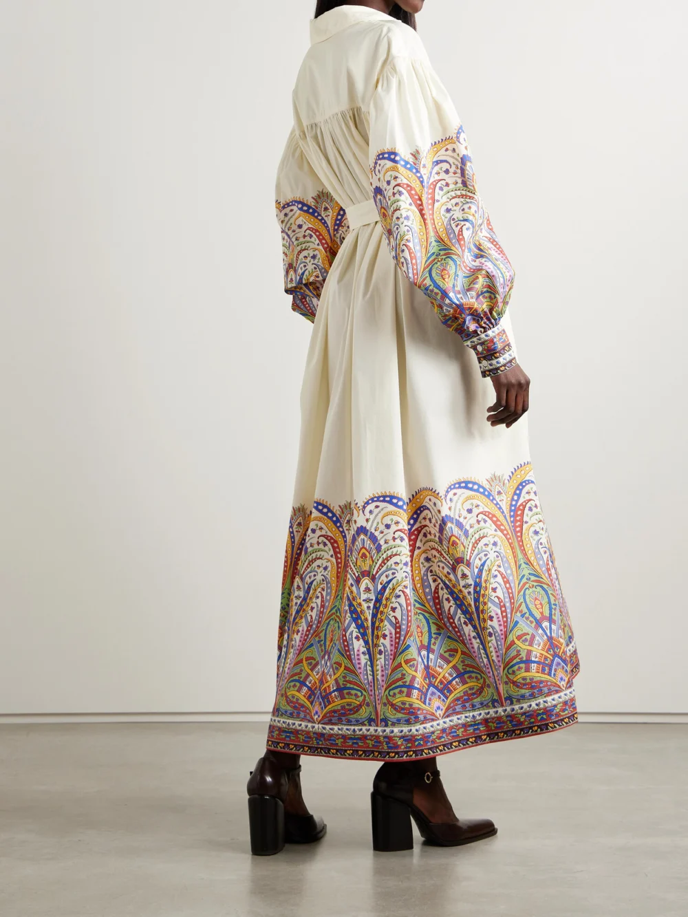 Back view of the Etro Belted Paisley-print Cotton-poplin Midi Shirt Dress