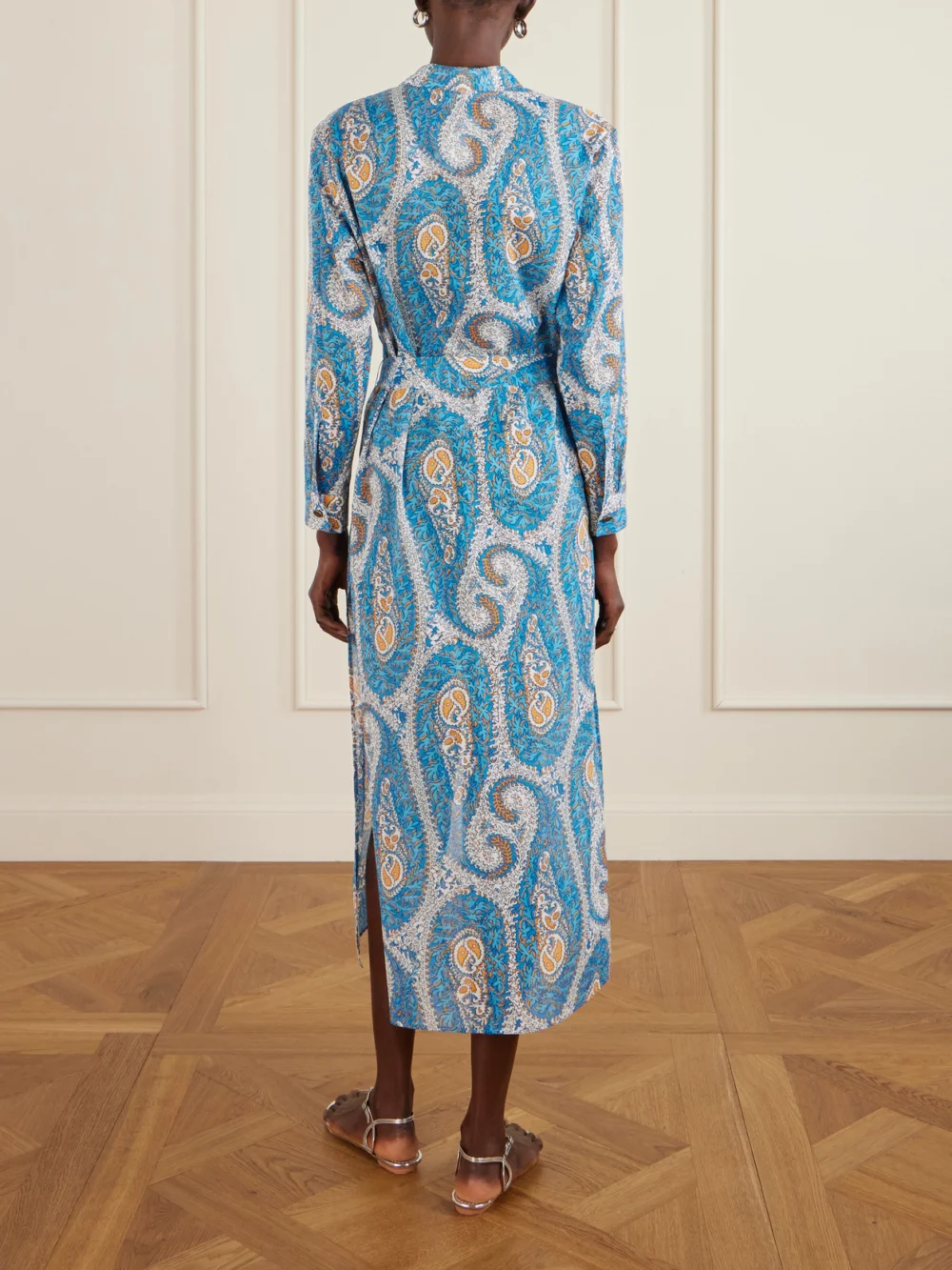 Back view of the Etro Belted Paisley-print Cotton-voile Midi Shirt Dress