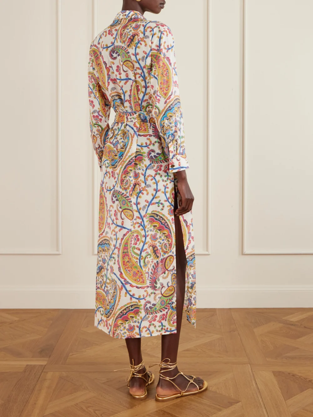 Back view of the Etro Belted Paisley-print Cotton-voile Midi Shirt Dress