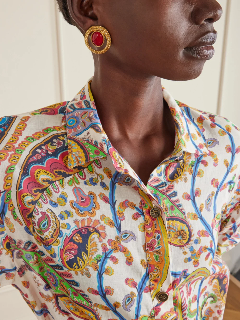 Close-up detail of the Etro Belted Paisley-print Cotton-voile Midi Shirt Dress