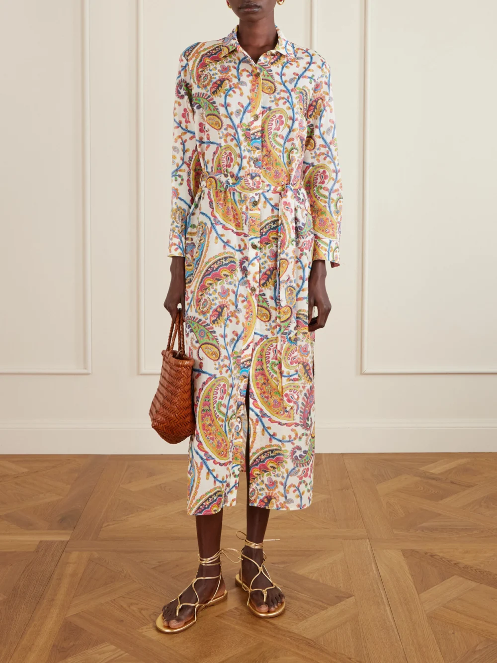 Etro Belted Paisley-print Cotton-voile Midi Shirt Dress, worn by a model