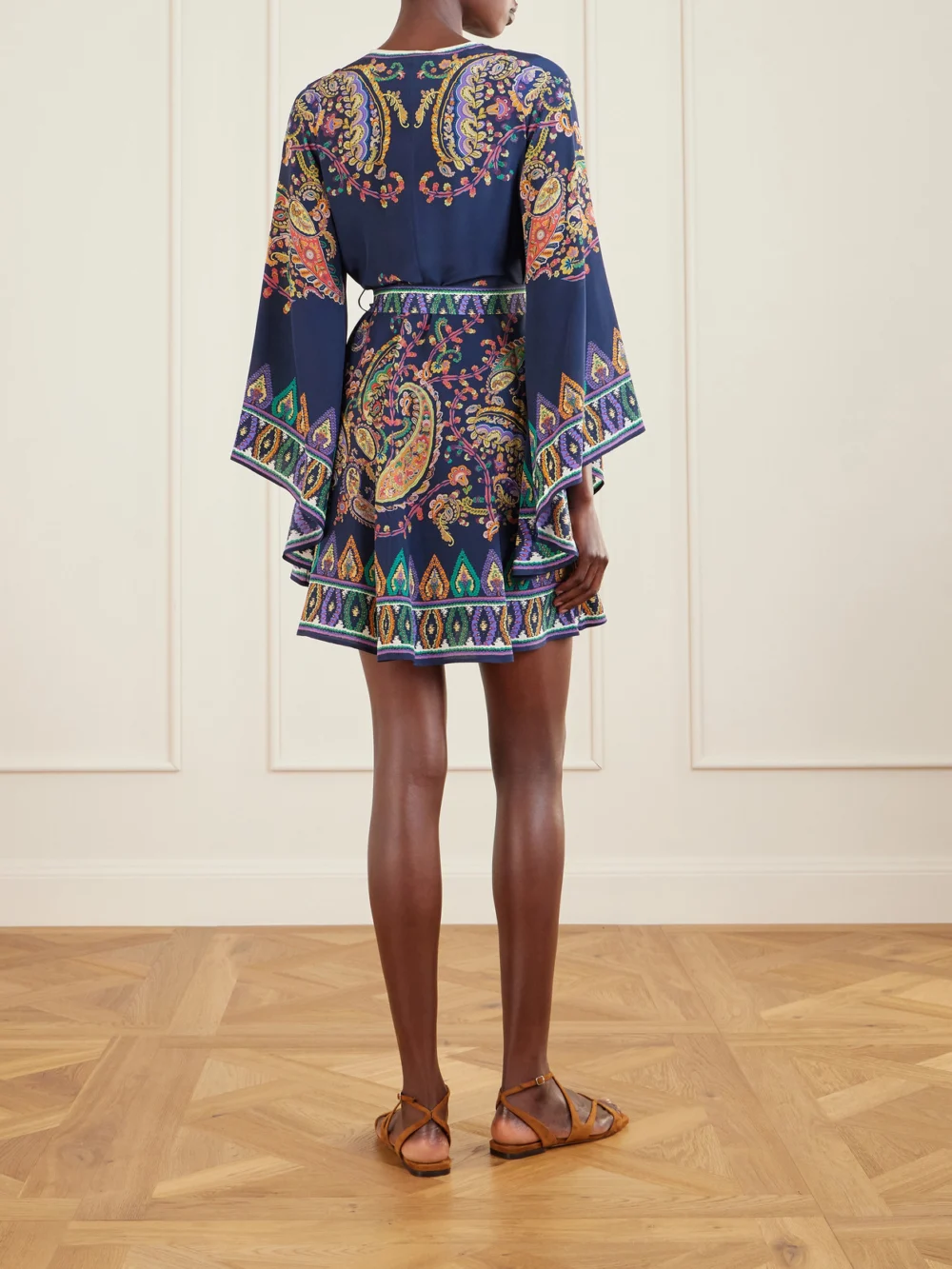 Back view of the Etro Belted Paisley-print Silk-twill Mini Dress