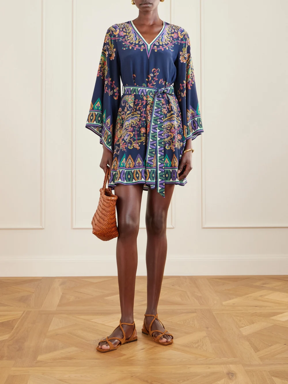 Etro Belted Paisley-print Silk-twill Mini Dress, worn by a model
