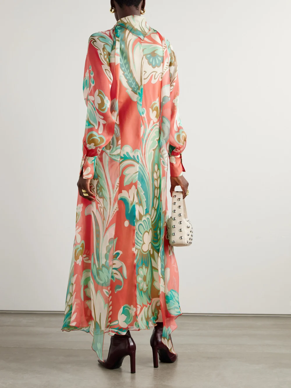 Back view of the Etro Draped Floral-print Silk-chiffon Maxi Dress