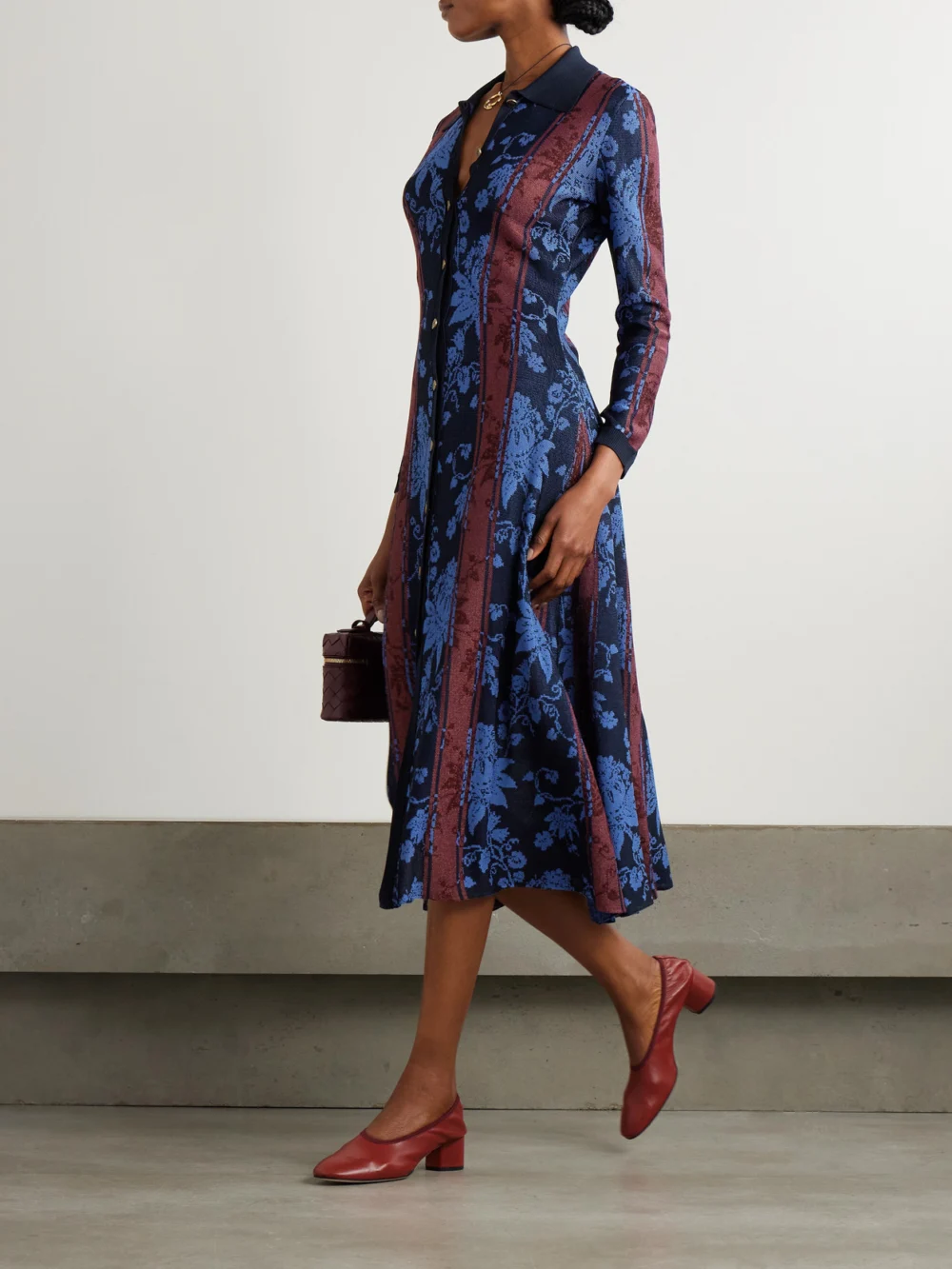 Etro Floral Jacquard-knit Midi Shirt Dress, worn by a model