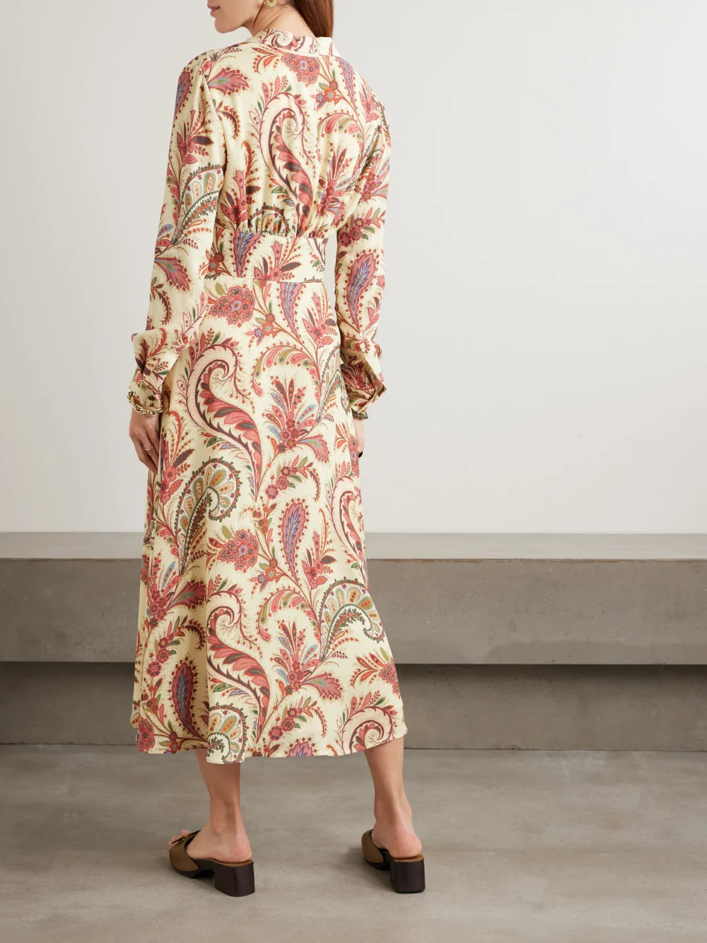 Back view of the Etro Gathered Paisley-print Crepe Midi Shirt Dress