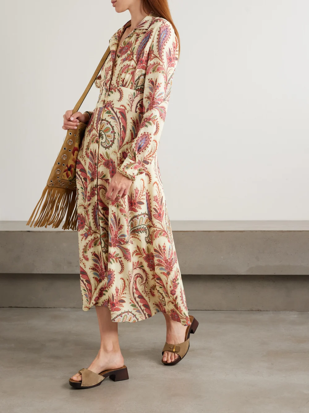 Etro Gathered Paisley-print Crepe Midi Shirt Dress, worn by a model