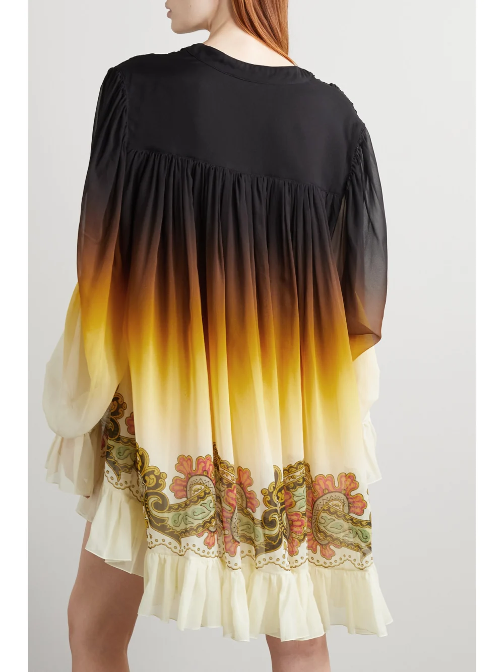 Back view of the Etro Gathered Printed Silk Crepe De Chine Mini Dress