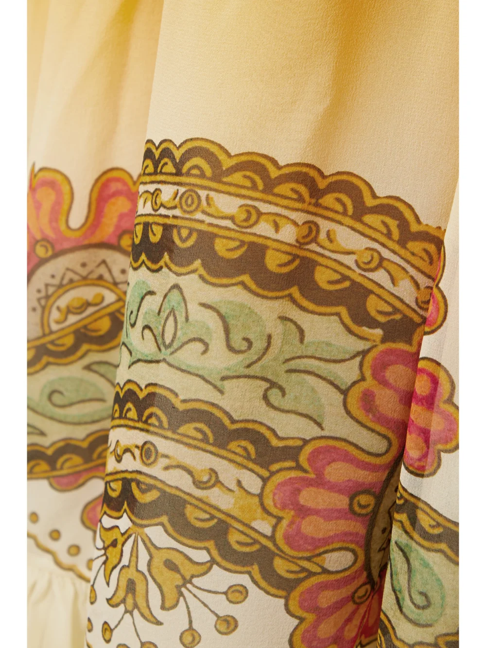 Close-up detail of the Etro Gathered Printed Silk Crepe De Chine Mini Dress