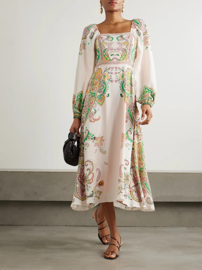 Etro Lace-trimmed Printed Crepe De Chine Midi Dress