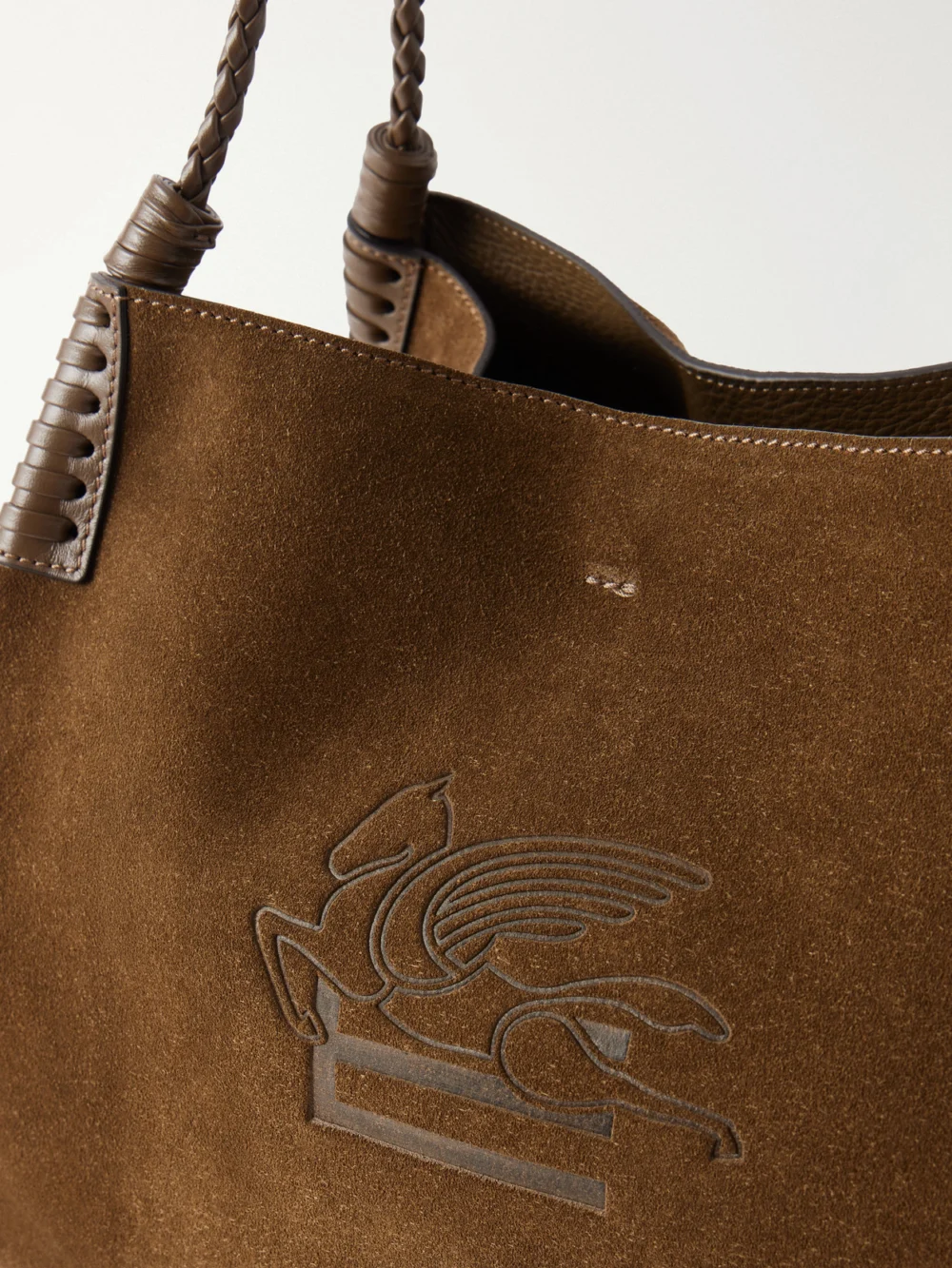 Close-up detail of the Etro Libra Logo-debossed Leather-trimmed Suede Tote