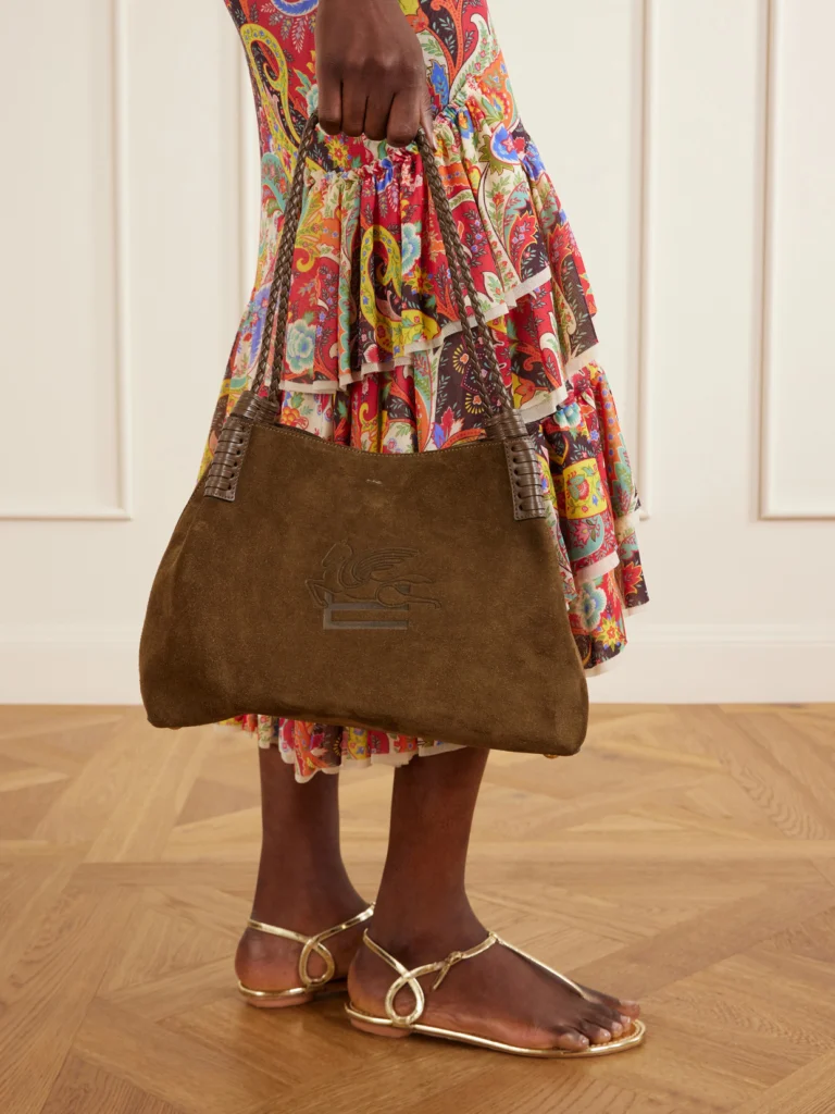 Etro Libra Logo-debossed Leather-trimmed Suede Tote