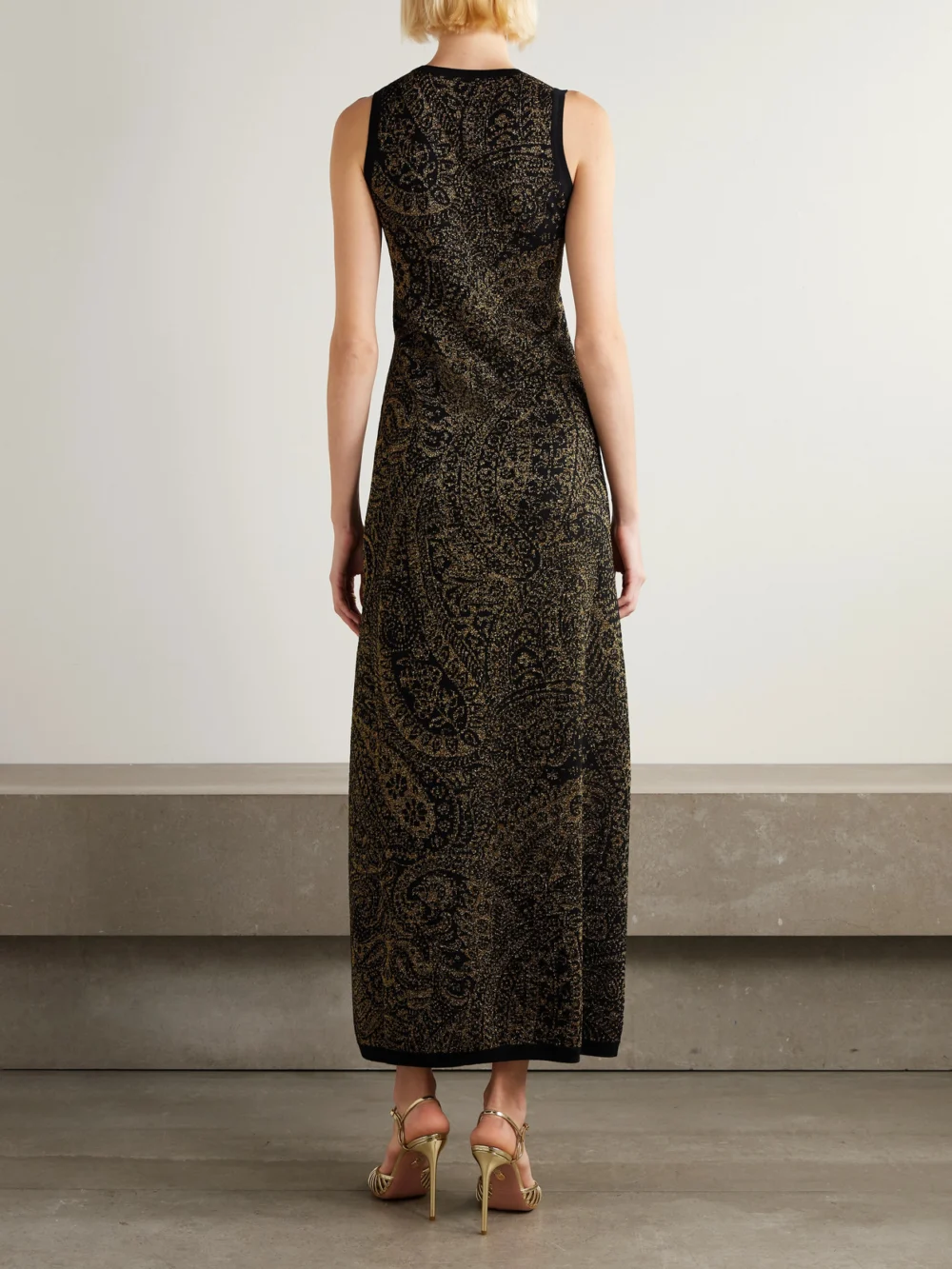 Back view of the Etro Metallic Wool-blend Devoré-velvet Maxi Dress