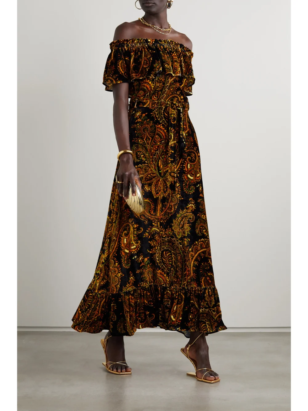 Etro Off-the-shoulder Belted Paisley-print Velvet Maxi Dress, worn by a model