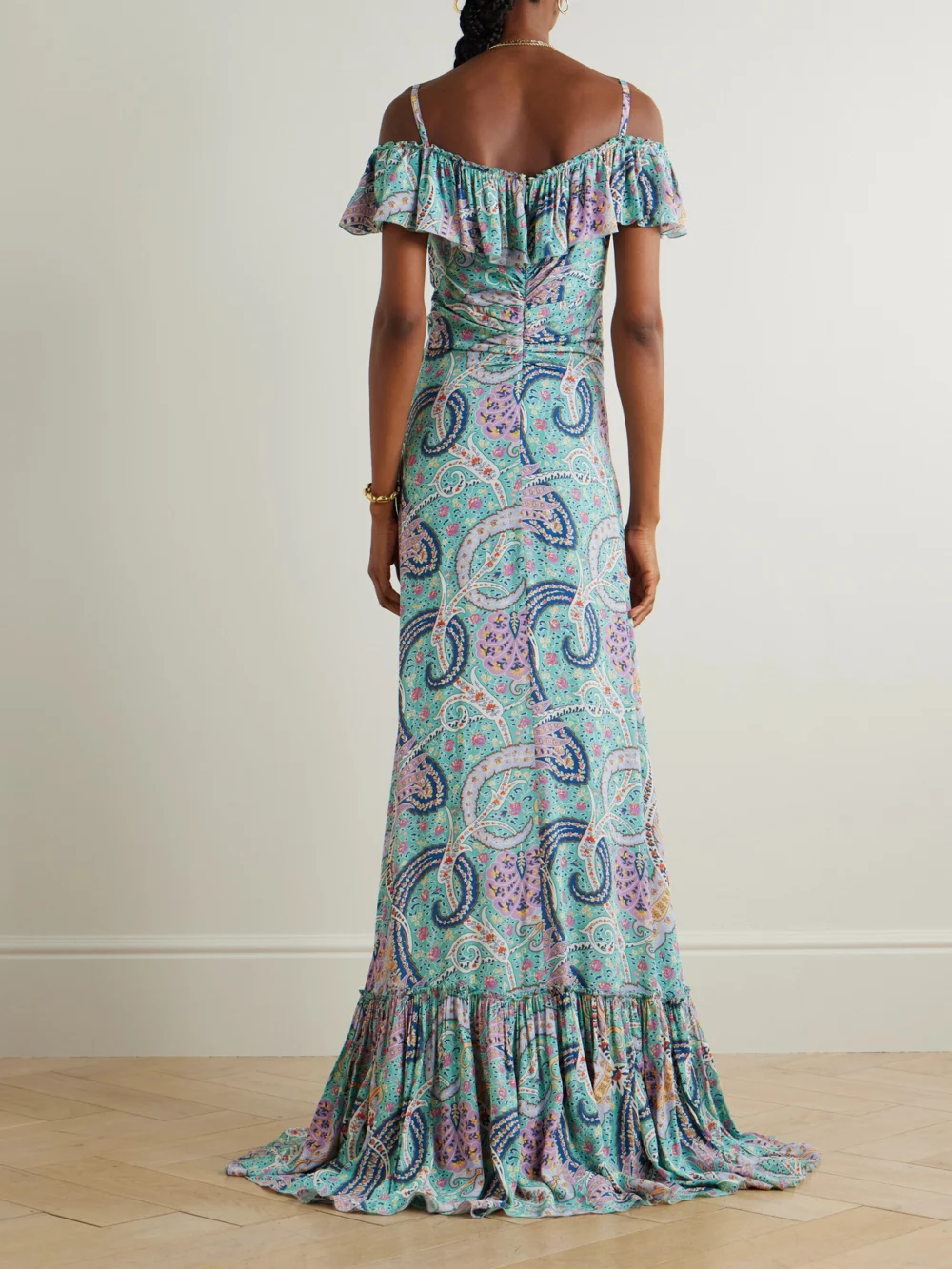 Back view of the Etro Off-the-shoulder Ruffled Paisley-print Georgette Maxi Dress