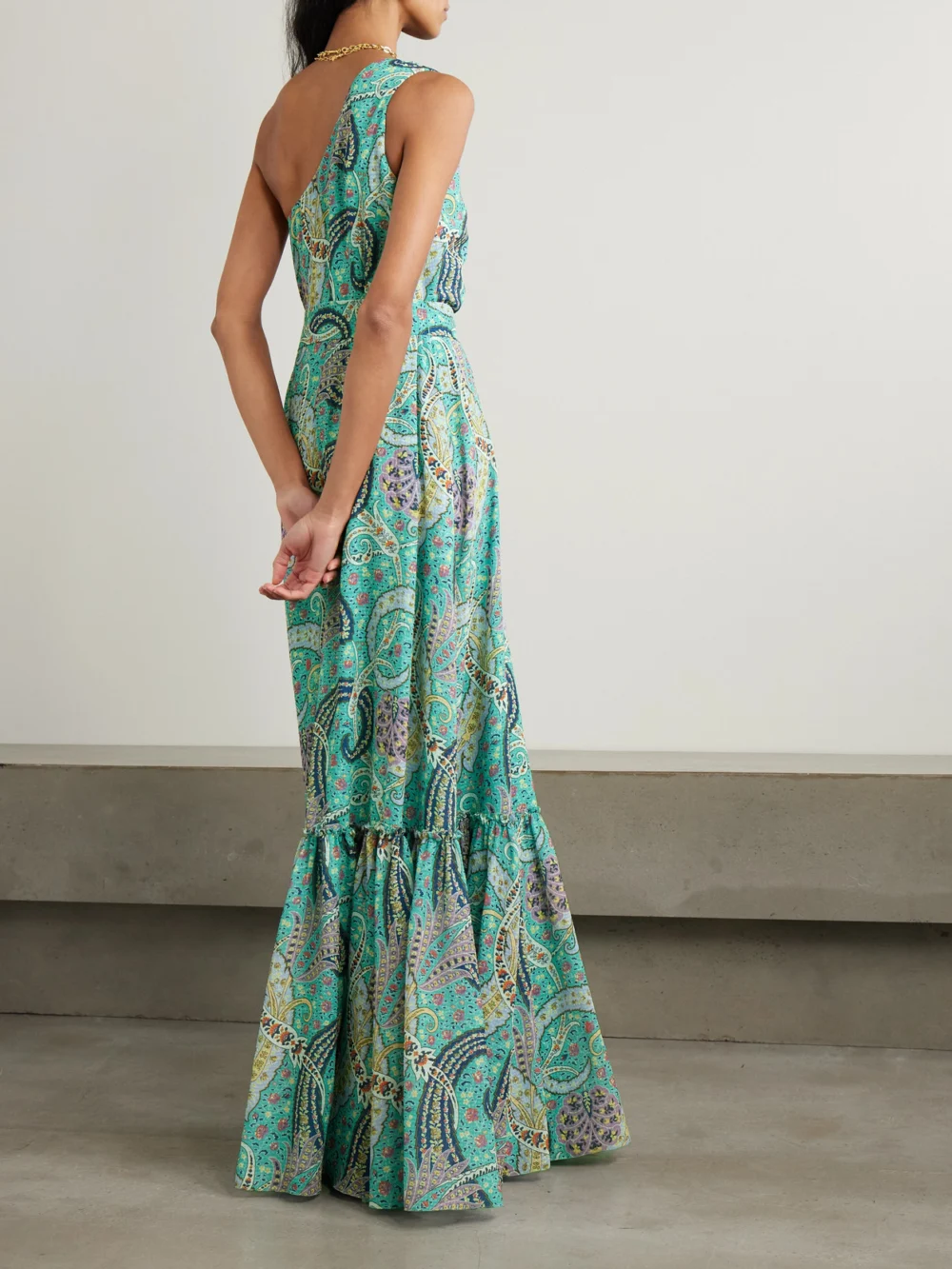 Back view of the Etro One-shoulder Belted Printed Satin-jacquard Maxi Dress
