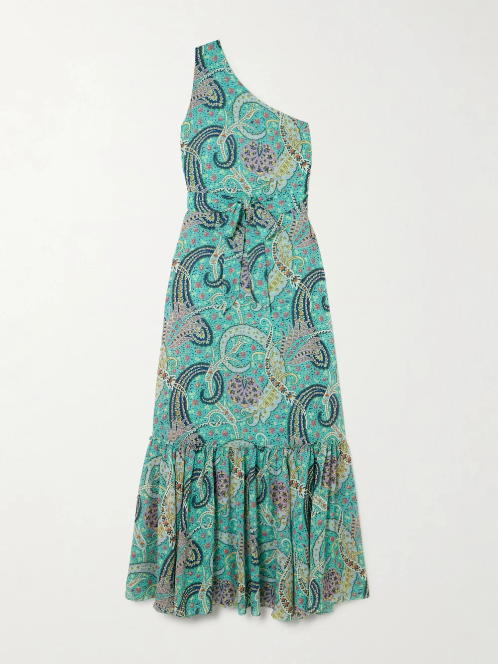 Etro One-shoulder Belted Printed Satin-jacquard Maxi Dress in light blue