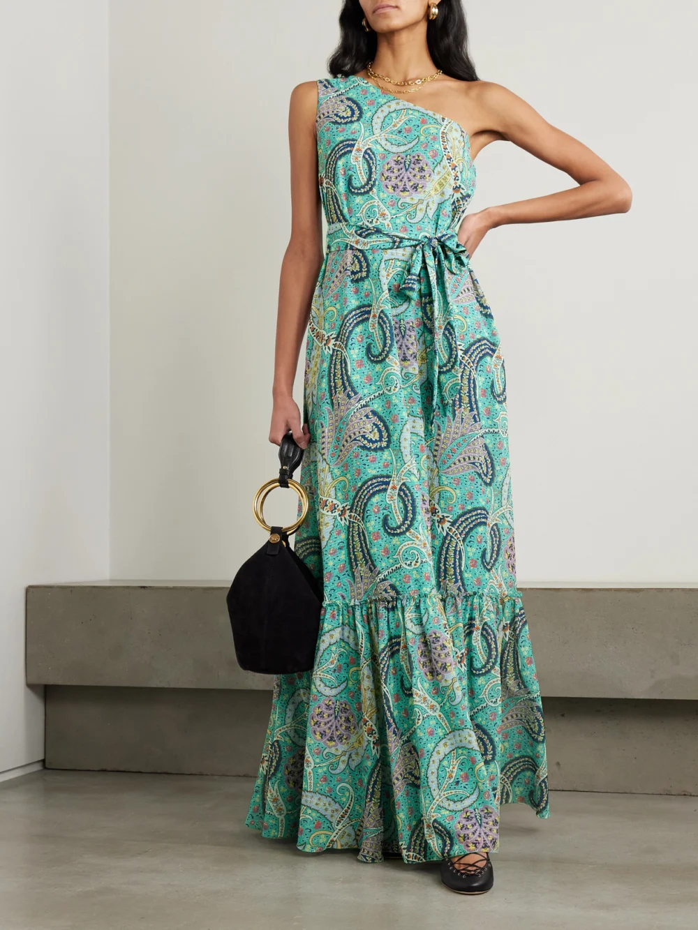 Etro One-shoulder Belted Printed Satin-jacquard Maxi Dress, worn by a model