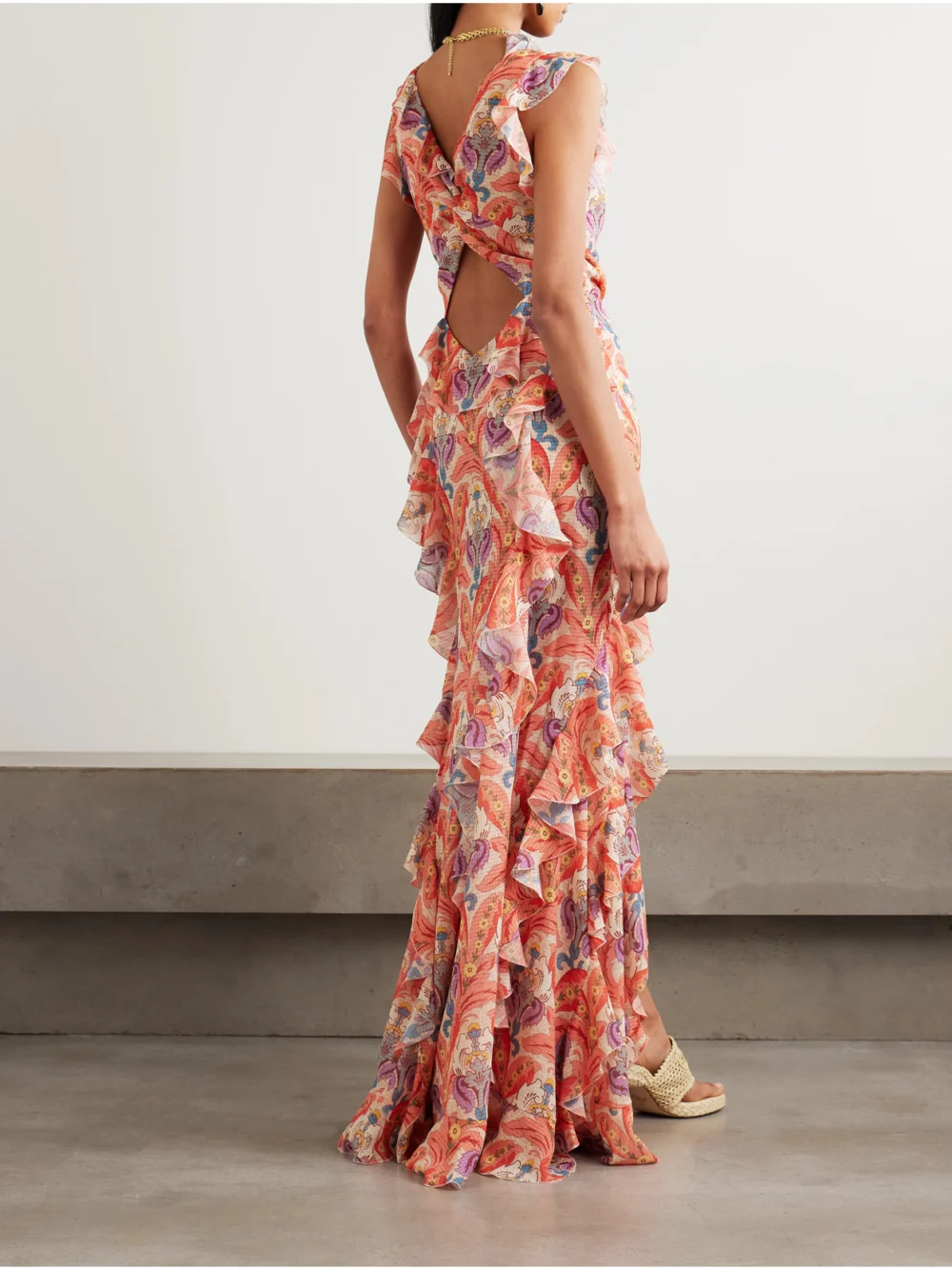 Back view of the Etro Open-back Ruffled Printed Crepe De Chine Maxi Dress