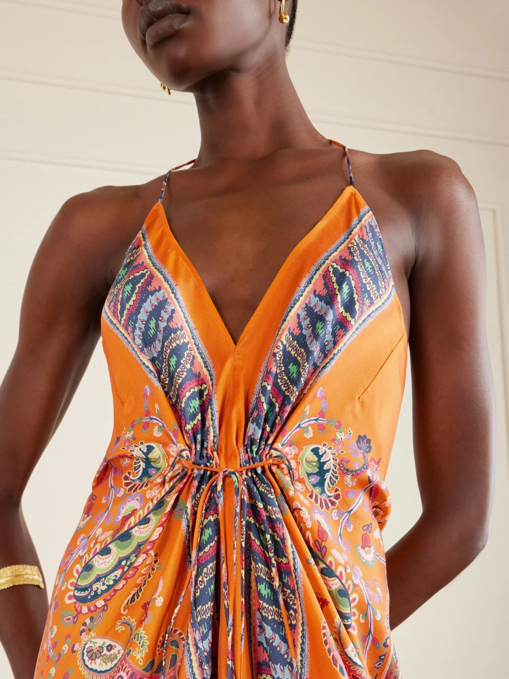 Close-up detail of the Etro Paisley-print Silk-twill Halterneck Maxi Dress