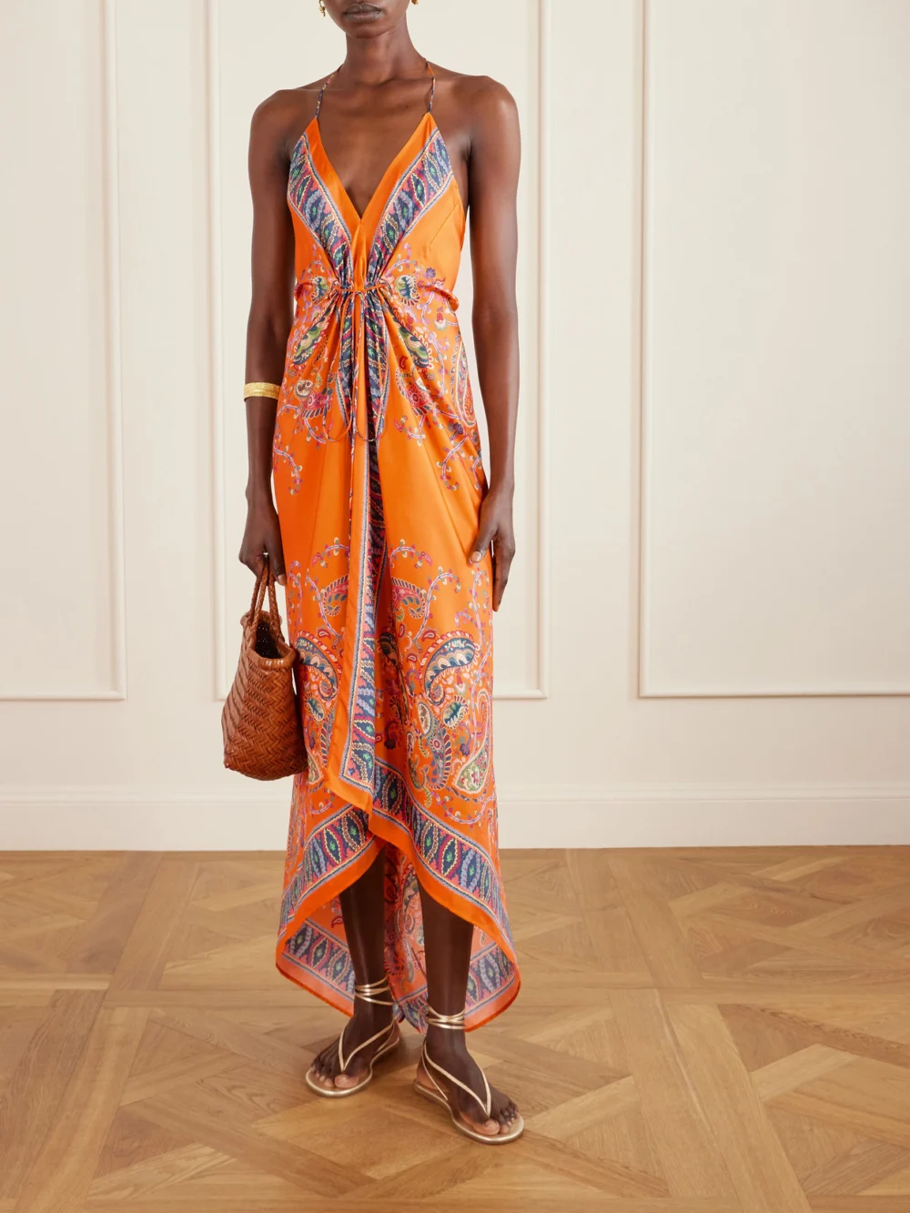 Etro Paisley-print Silk-twill Halterneck Maxi Dress, worn by a model
