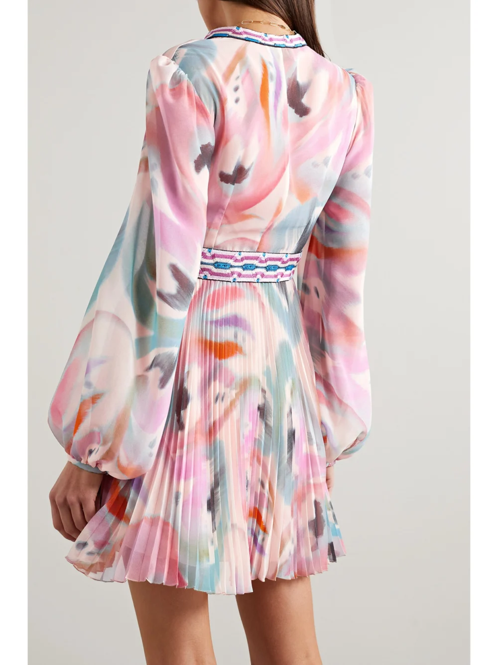 Back view of the Etro Pleated Crochet-trimmed Printed Chiffon Mini Dress