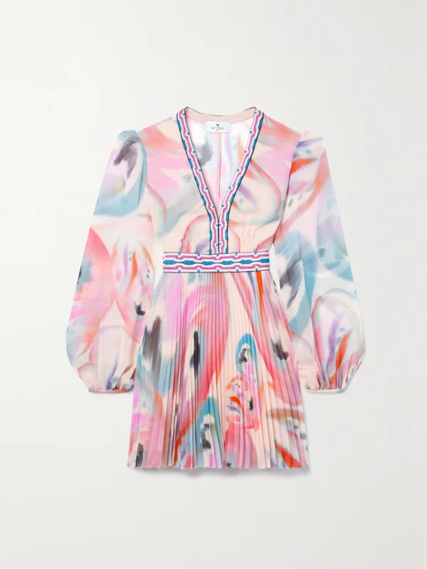 Etro Pleated Crochet-trimmed Printed Chiffon Mini Dress