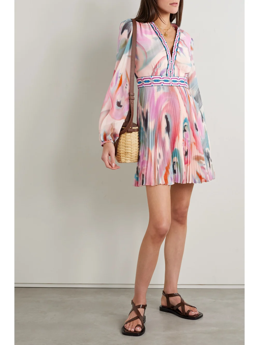 Etro Pleated Crochet-trimmed Printed Chiffon Mini Dress, worn by a model