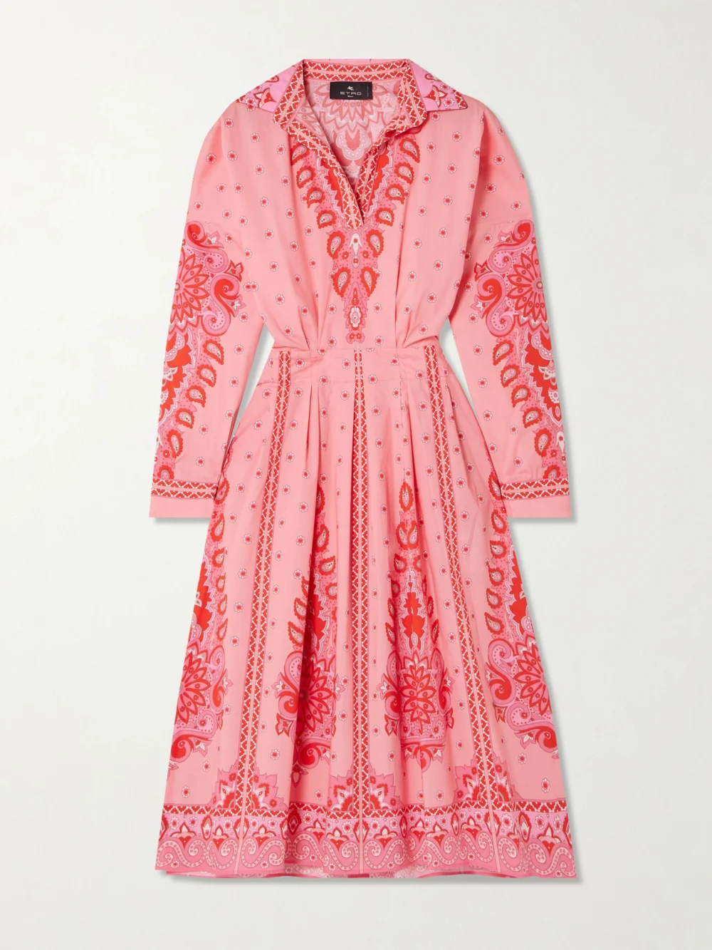 Etro Pleated Printed Cotton-blend Poplin Midi Shirt Dress in pink