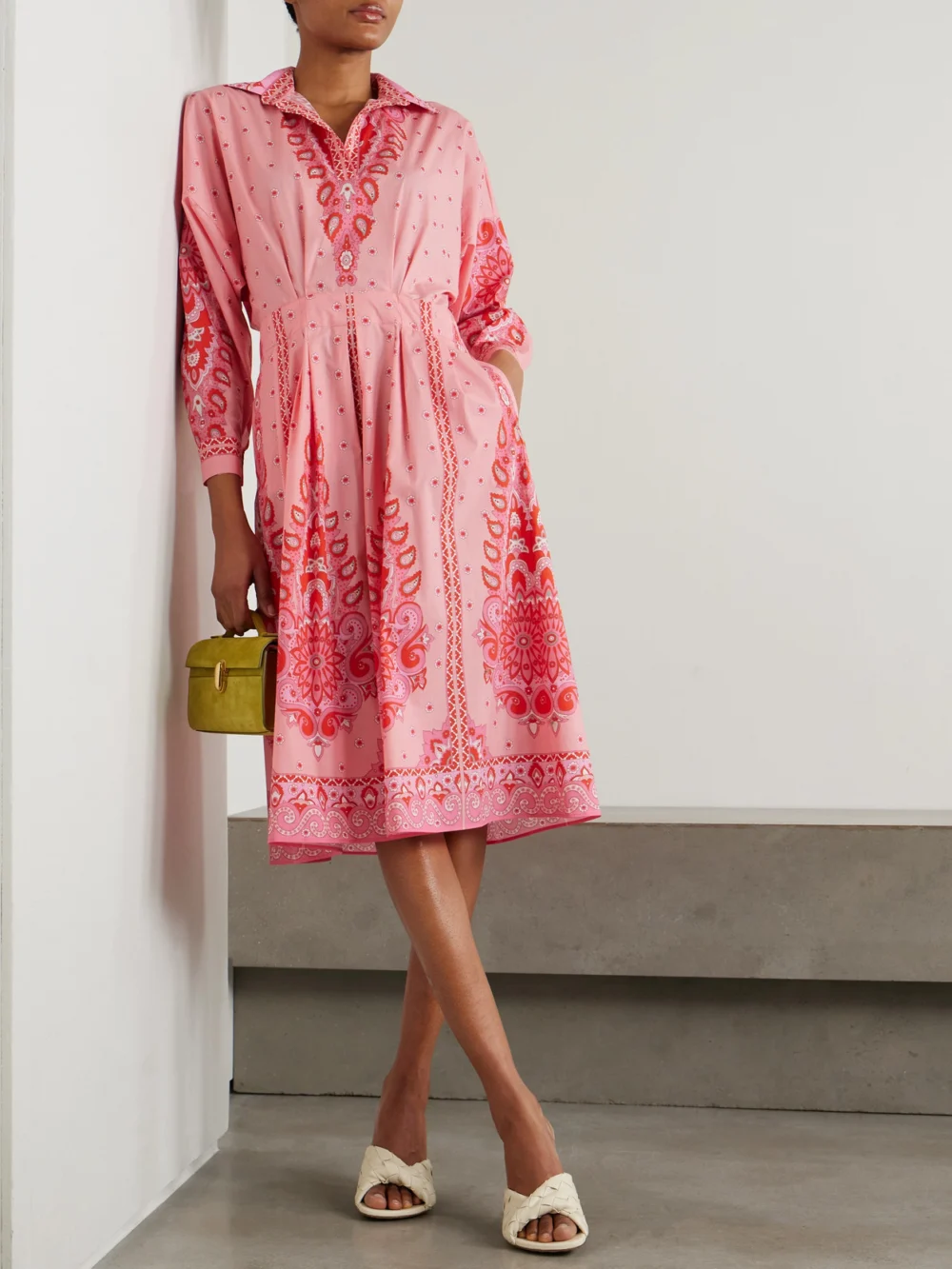 Etro Pleated Printed Cotton-blend Poplin Midi Shirt Dress, worn by a model