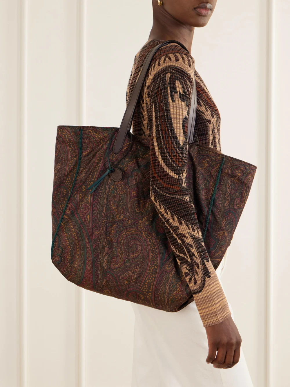 Etro Printed Leather-trimmed Shell Tote Bag, styled view