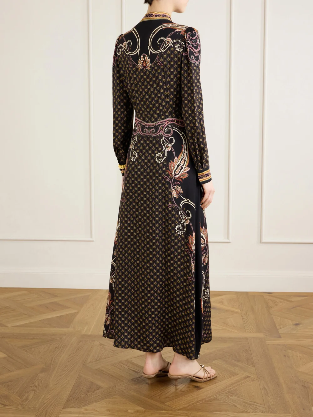 Back view of the Etro Pussy-bow Printed Satin Midi Dress