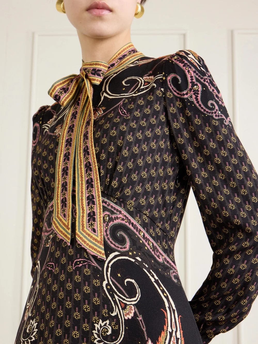 Close-up detail of the Etro Pussy-bow Printed Satin Midi Dress