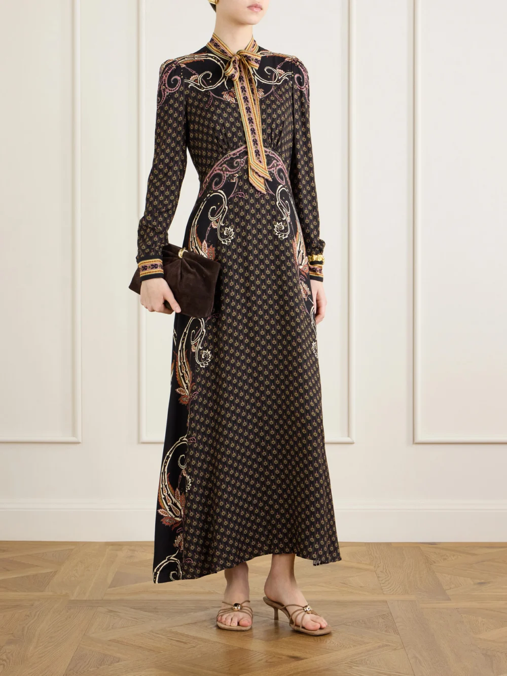Etro Pussy-bow Printed Satin Midi Dress, worn by a model