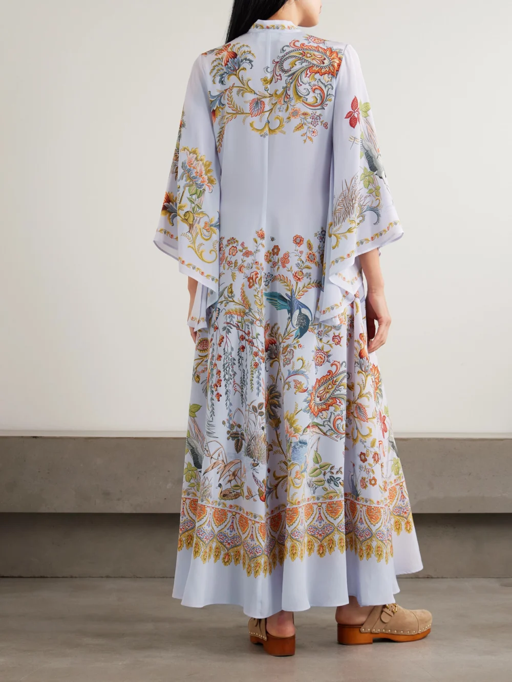 Back view of the Etro Pussy-bow Printed Silk Maxi Dress