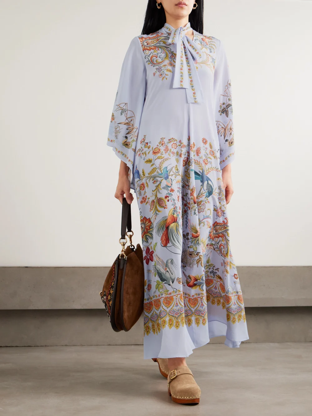 Etro Pussy-bow Printed Silk Maxi Dress, worn by a model