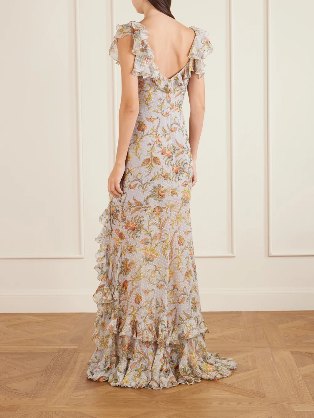 Back view of the Etro Ruffled Floral-print Silk-blend Midi Dress