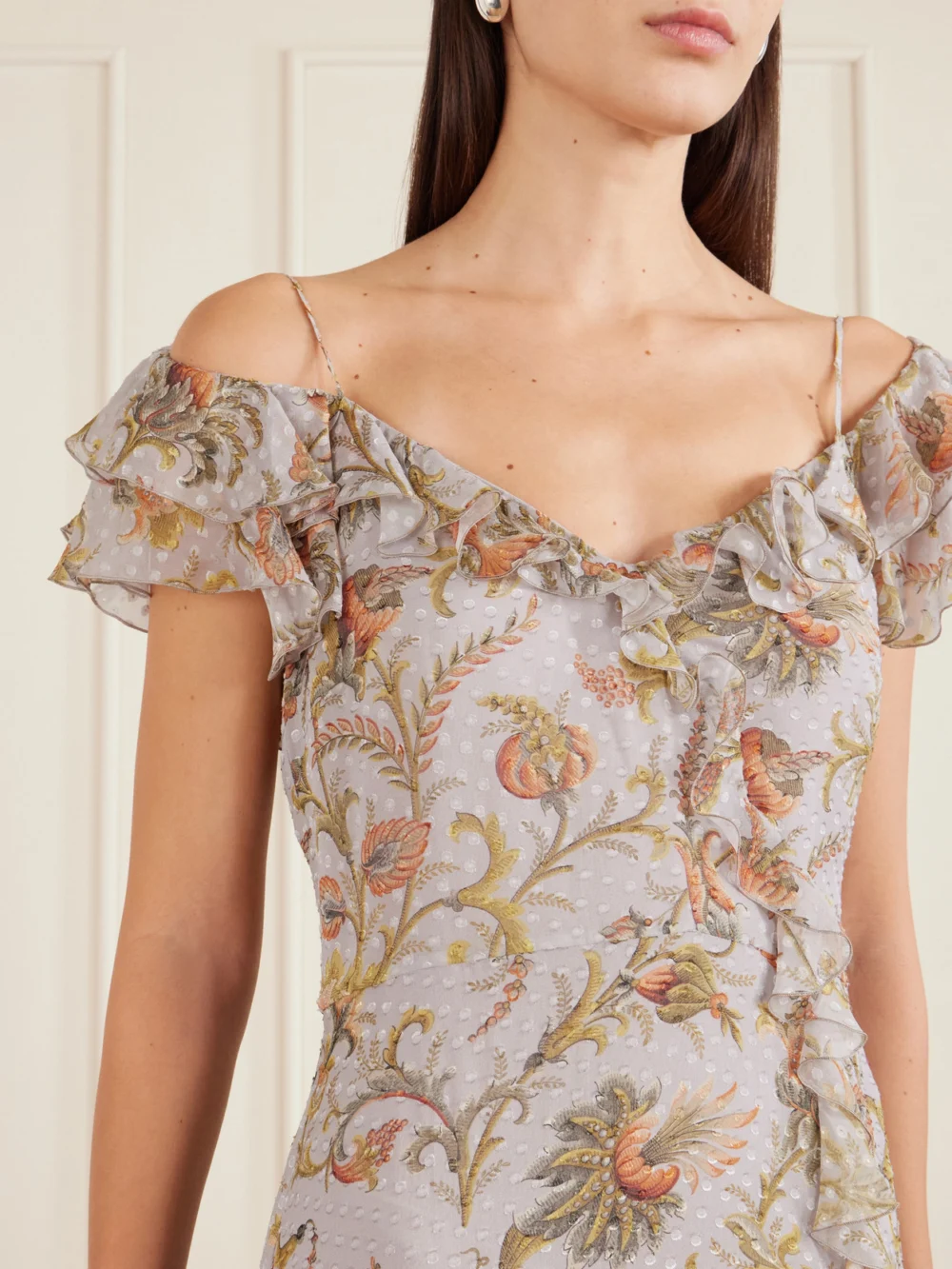 Close-up detail of the Etro Ruffled Floral-print Silk-blend Midi Dress