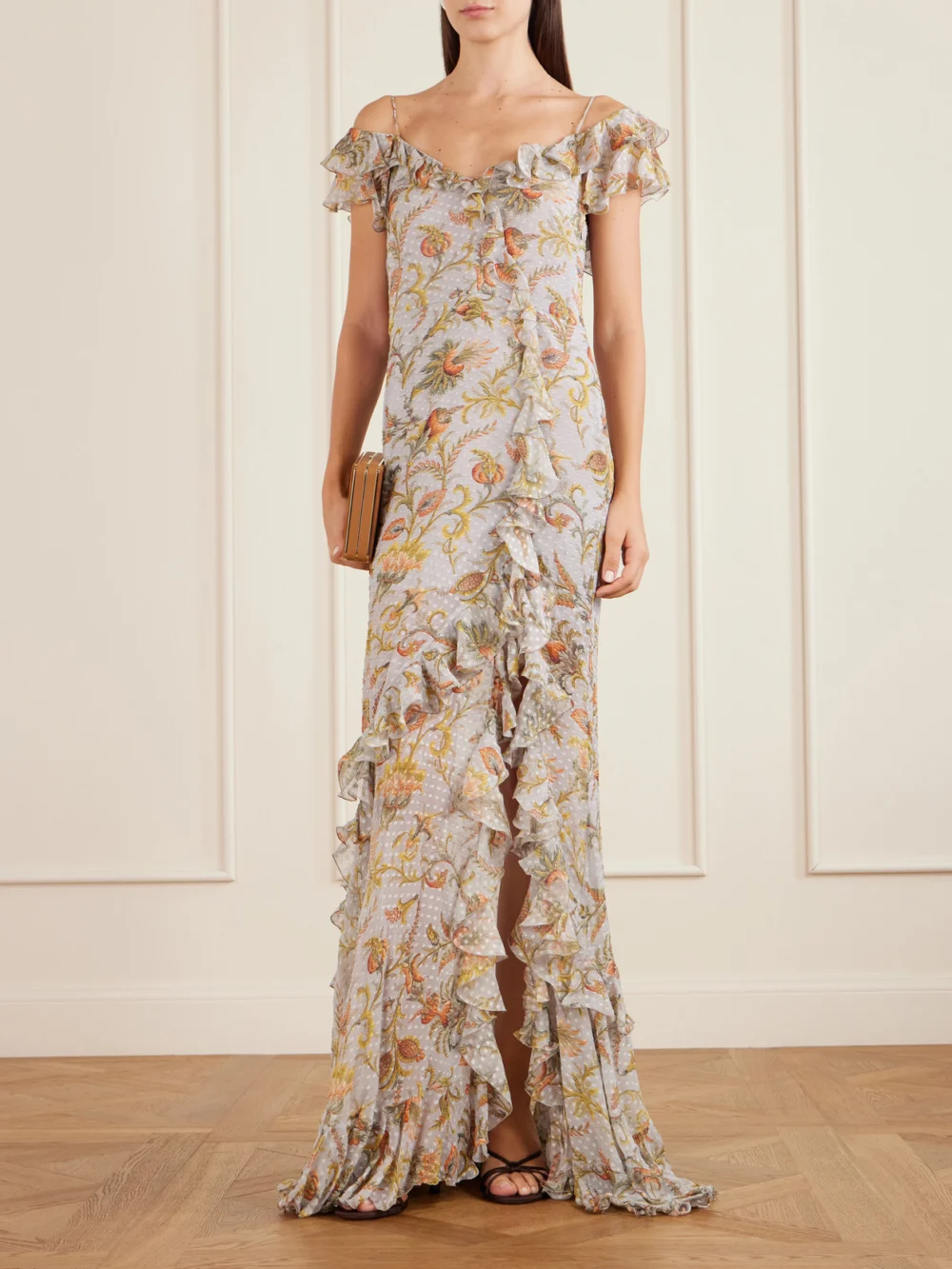 Etro Ruffled Floral-print Silk-blend Midi Dress, worn by a model
